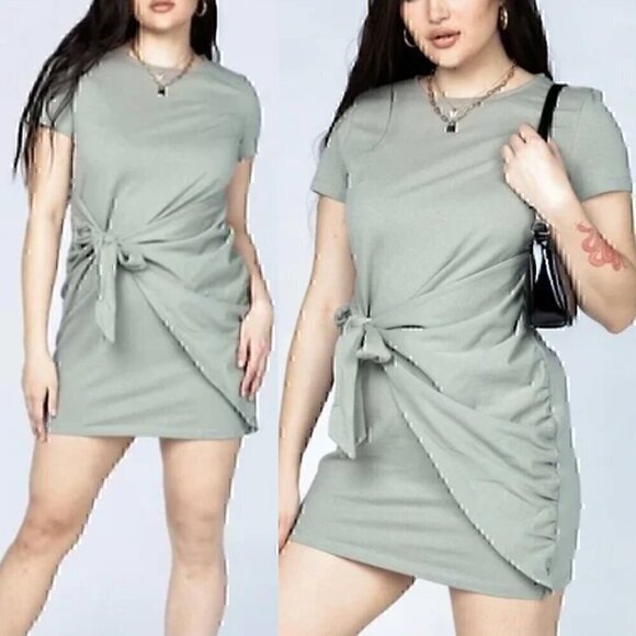PRINCESS POLLY Beckett Mini Dress Olive Green 100% Cotton Tie Wrap T-Shirt Dress - Picture 1 of 14